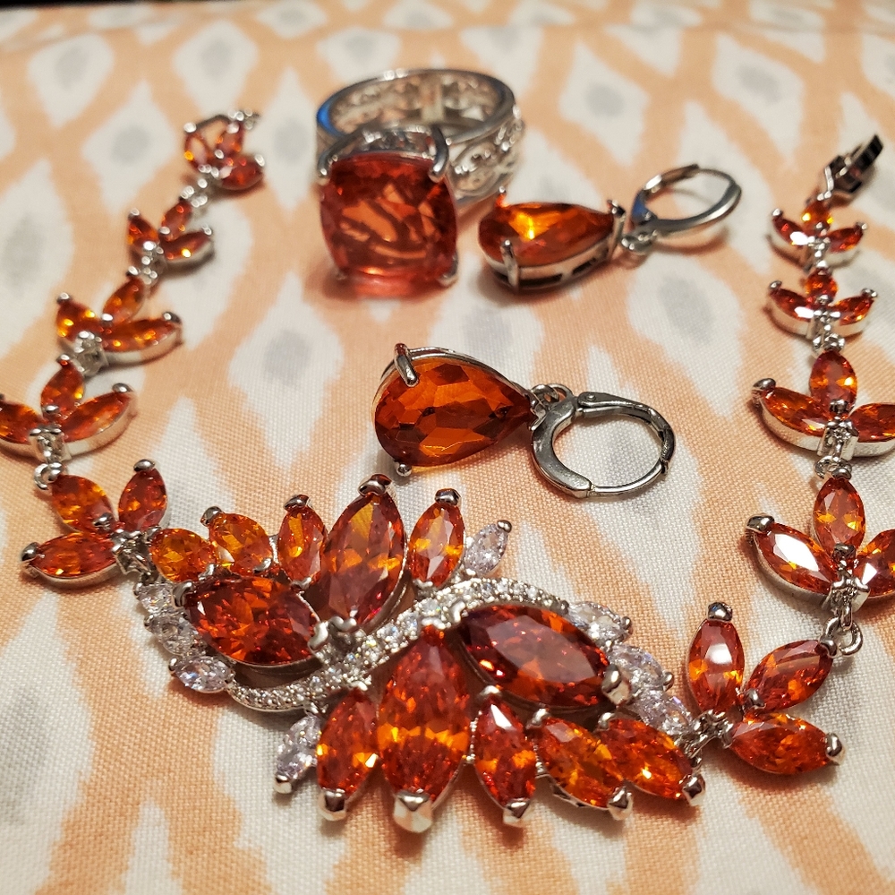 Orange stone bracelet, earrings, size 9 ring